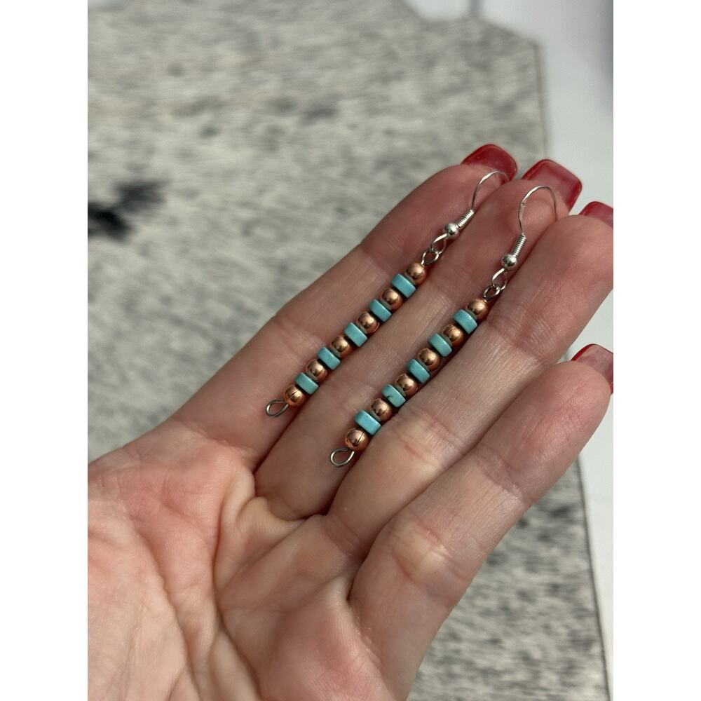 Native American Copper Navajo Pearl Blue Turquoise HEISHI Earrings Sterling Hook - Picture 5 of 6
